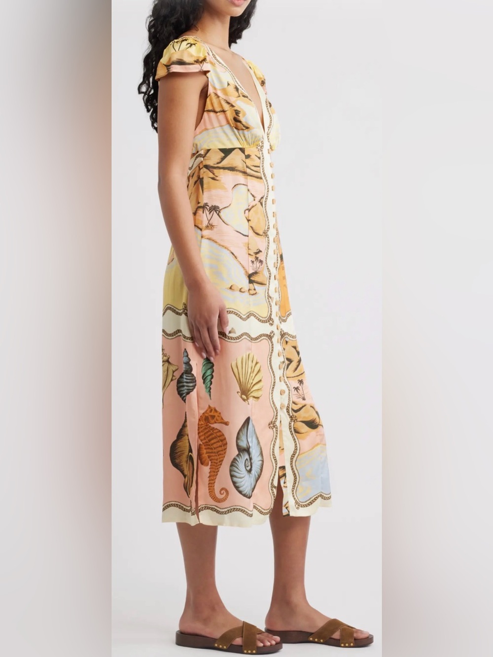 FARM Rio Tropical Shell-Print Midi Dress in Peach, Mustard & Cream - Picture 2 of 7